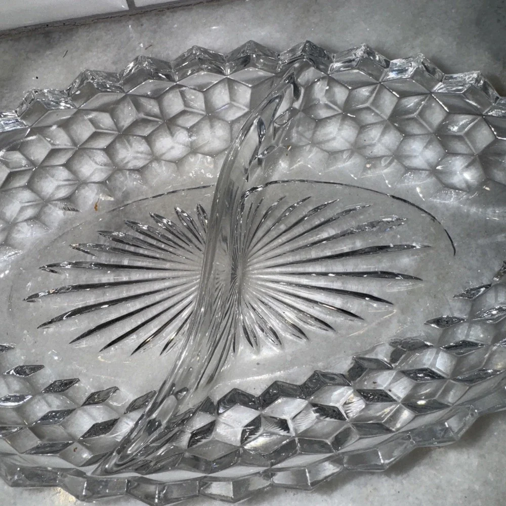 Vintage Fostoria American Clear 2056 Two-Part Divided Relish‎ Boat Dish 12